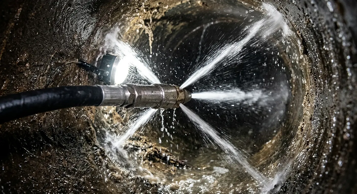 High-pressure hydro jetting nozzle cleaning sewer pipe for Emergency Drain Service in Prineville