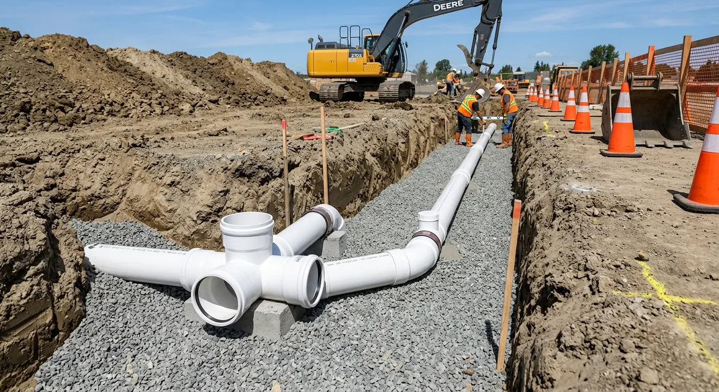 New PVC sewer pipe installation in open trench for Sewer Backup in Prineville