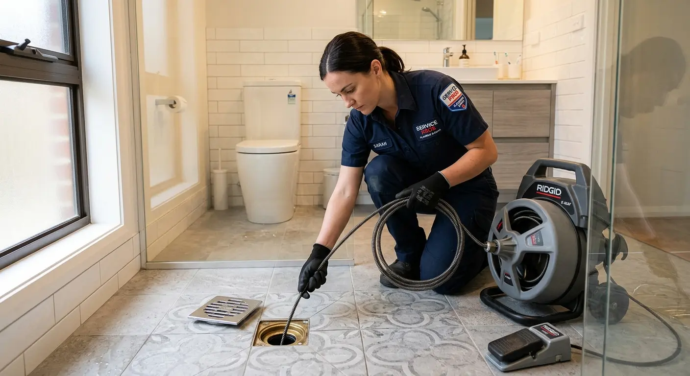 Technician clearing a bathroom floor drain for Hydro Jetting in Prineville